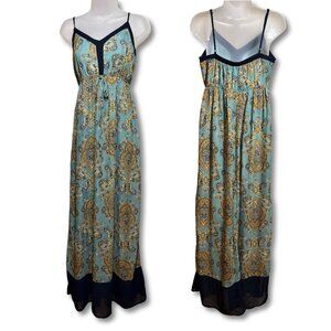 Doe & Rae Boho Paisley Maxi Dress Blue Gold Flowy Adjustable Straps